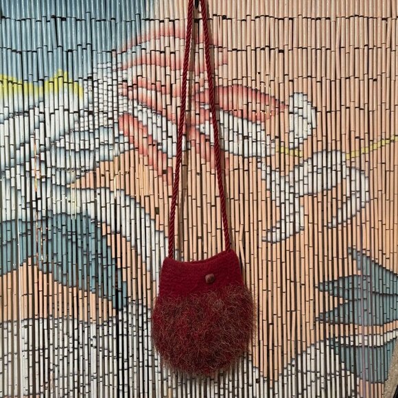 Handmade Crossbody Felted Bag, Fuzzy Eyelash Knit, Red - Picture 10 of 13